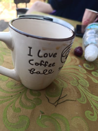 The image shows a white ceramic mug with a brown rim, placed on a table covered with a gold tablecloth featuring a green floral pattern. The mug has black lettering that reads "I Love Coffee Ball". Beside the mug, there is a dark red berry, a clear plastic bottle with a white cap and blue label, and a dark smartphone. In the background, a person's legs and torso are visible, as well as another pink mug. The setting appears to be outdoors, possibly a garden or patio, given the soft lighting and blurry natural elements in the background. The time of day is likely daytime, and the weather seems pleasant. The overall mood is relaxed and casual.