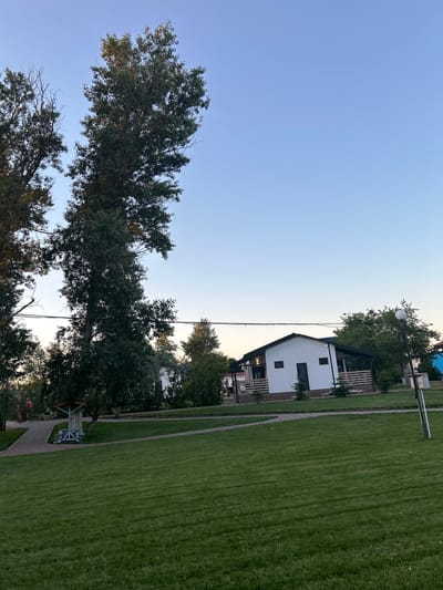 The image depicts a clear, pale blue sky over a well-maintained grassy area in Останинское сельское поселение, Ukraine. In the mid-ground, a modern white house with a dark roof is visible, featuring a wooden fence and several small trees. To the left of the house, two tall trees with dark green foliage dominate the left side of the frame, with one tree extending to the top edge of the image. A paved pathway winds through the lawn, leading towards a small, rustic wooden structure. In the far left of the image, two individuals are walking on the pathway. A lamppost with a spherical light fixture stands on the right side of the image. The overall scene suggests a serene, residential or recreational outdoor setting.