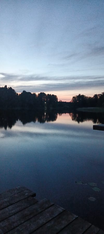 The image depicts a serene lake scene at dusk. The sky is a gradient of pale blue and gray, with wispy clouds illuminated by the fading light. The horizon is lined with a dark silhouette of trees, their shapes softened by the low light. A faint pinkish hue is visible near the horizon, suggesting the last vestiges of sunset.
The lake's surface is calm and reflective, mirroring the sky and the trees. A wooden dock or pier is partially visible in the foreground, its weathered planks extending into the water from the lower left corner. On the right side of the image, a section of another dock or platform emerges from the water. Lily pads are scattered on the dark surface of the water towards the right. In the middle ground, a single light source, possibly a lamp post, is visible amongst the trees, its reflection creating a bright spot on the water.
The overall atmosphere is tranquil and peaceful, characteristic of a quiet evening by a body of water. The location is identified as the city of Melnikovo, Russia, suggesting a natural setting within or near the city. There are no people visible in the image, and no discernible actions or interactions are taking place. The environment is natural, with the lake and surrounding vegetation dominating the scene.