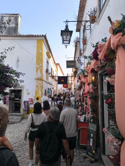 The image shows a street scene in the historic town of Óbidos, Portugal, likely during daylight given the clear sky. The street is paved with cobblestones and lined with traditional whitewashed buildings, some featuring yellow trim. The architecture is characteristic of Óbidos, with narrow streets and old-world charm.

In the foreground, several individuals are walking down the street. The perspective suggests the viewer is part of the crowd, looking forward. The people are dressed in casual summer attire.

The street is decorated with abundant floral arrangements in shades of pink, red, and burgundy, adorning the storefronts, particularly on the right side of the image. These decorations, along with visible signage, indicate commercial establishments, possibly shops or restaurants. One sign, partially visible on the right, displays text in Portuguese, mentioning "GINJA A COPO E COCKTAILS," suggesting a bar or eatery offering local cherry liqueur and cocktails.

Further down the street, the crowd continues, with more people visible in the mid-ground and background. Banners or flags are displayed on some buildings, adding to the festive or historic atmosphere of the town. The presence of a street lamp and potted plants on the building walls further enhances the picturesque setting. The overall impression is a bustling, lively street within a preserved historical environment.