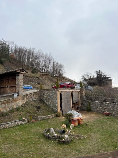 This is a landscape photograph taken in what appears to be the outskirts of Leshten, Bulgaria. The image is oriented vertically. A small red car is parked in front of a stone and thatched-roof structure on a grassy hillside. A row of vehicles is parked further uphill. The foreground features a grassy area with stone structures, a decorative wicker circle containing what appear to be artificial birds, and assorted objects like pots and wooden blocks. In the distance is a densely wooded hillside leading up to a grey, overcast sky. The architecture suggests a rural or historical setting.