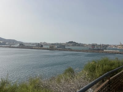 The image shows a panoramic view of the port of Cartagena, Spain, on a clear, hazy day. In the foreground, dry brush and greenery are visible, partially obscuring a rusty metal railing and fence. The middle ground features a large expanse of calm, blue water, likely the port itself. Beyond the water, a long, stone breakwater stretches across the scene, lined with buildings and industrial structures. Several ships, including what appears to be a naval vessel with a large deck, are docked along the breakwater. In the distance, the city of Cartagena is visible, a dense cluster of buildings spreading across the coastline and climbing up a prominent hill topped with a fortress. The sky is a pale, washed-out blue, indicating a bright but potentially humid atmosphere.
