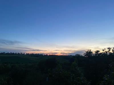 This image captures a serene sunset scene over rolling hills in the city of Krasivka, Ukraine. The sky transitions from a deep blue at the top to lighter hues of pink and orange near the horizon, where the sun is setting behind a distant treeline. The foreground is dominated by dark, silhouetted trees, with hints of green foliage visible in the midground, suggesting a lush, natural landscape. The rolling hills are covered in a patchwork of dark green fields, indicating agricultural activity. The overall impression is one of peaceful natural beauty at the close of day.