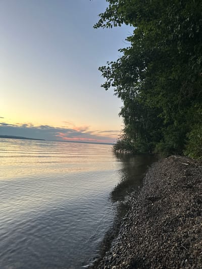 A tranquil scene unfolds at sunset by a calm body of water, likely a lake or large river. The water, reflecting the soft hues of the sky, gently laps against a rocky shore. Lush green trees line the bank, creating a natural boundary and casting shadows into the water. The sky transitions from a pale blue at the top to warmer tones of yellow and pink near the horizon, with a few wispy clouds adding texture. The overall impression is one of peaceful natural beauty, undisturbed by human activity. The location is identified as Горы, Russia.