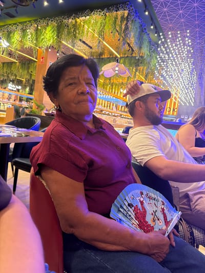 The image shows three people in what appears to be a restaurant or entertainment venue at night. In the foreground, an older woman with dark hair is looking towards the camera, wearing a dark red shirt. To her right, a person's arm is visible, holding a blue fan decorated with images of flamenco dancers. Behind the woman, a man with a beard and a white baseball cap is visible, looking upwards. In the background, there are decorative lights and greenery, suggesting an indoor or outdoor space with elaborate lighting. The overall atmosphere seems relaxed and social. No visible text is discernible in the image.