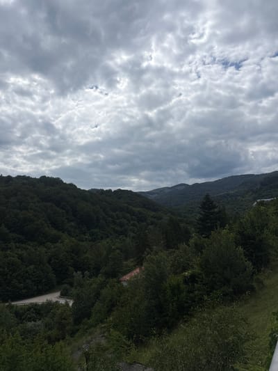 The image depicts a panoramic view of a densely forested mountain landscape, likely in or near the Bulgarian city of Shipkovo. The sky above is heavily overcast with dramatic, textured grey clouds, interspersed with patches of lighter sky and subtle hints of blue. The foreground is dominated by a steep, tree-covered hillside.
As the terrain recedes into the distance, rolling hills and mountains, also covered in a thick canopy of dark green trees, are visible. A winding road, with a concrete barrier, is partially visible traversing the side of a hill in the mid-ground, suggesting human infrastructure within the natural environment. A small building with a red tiled roof is nestled among the trees on the left side of the image. Further in the distance, on the right, a larger, modern building complex is faintly visible on a mountain ridge, along with what appear to be wind turbines. The overall impression is one of a lush, verdant, and somewhat wild mountainous region under a moody sky. There are no people or animals visible in the frame.