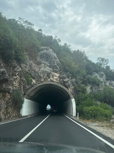 The image depicts a road leading into a tunnel carved through a rocky, tree-covered mountainside. The road is asphalt, with a white line dividing the lanes. The tunnel entrance is arched and reinforced with concrete. Inside the tunnel, two red taillights of a vehicle are visible in the distance. The sky is overcast. The location is identified as Milojevići, Montenegro.