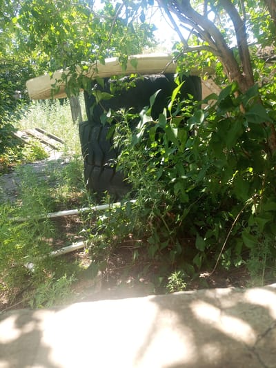 The image depicts an outdoor scene in the city of Қушоқы, Kazakhstan, dominated by lush green foliage and a stack of large, black tires. The tires are arranged vertically, with a light-colored, possibly plastic, object resting on top. The surrounding environment is overgrown with weeds and other vegetation, suggesting a natural or unkempt area. The lighting indicates it is daytime, with sunlight filtering through the leaves of trees. There are no people or animals visible in the frame. In the background, there are some wooden planks and white pipes are visible in the foreground. The overall impression is one of a rustic, outdoor setting.