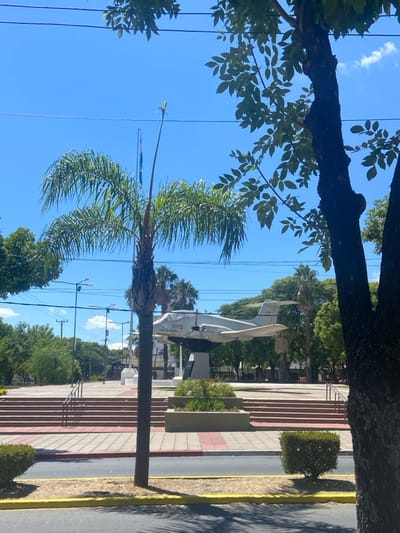 The image displays an outdoor scene in Campana, Argentina, featuring a public monument under a clear blue sky. A light gray military transport aircraft, consistent with a Fokker F27 turboprop, is mounted on a dark, multi-tiered pedestal as a central monument. The aircraft has text visible on its fuselage, appearing to be "FUERZA AEREA ARGENTINA". This monument is situated on an elevated plaza paved with light and reddish-brown square tiles, accessed by wide, multi-level steps. In the immediate foreground, a dark asphalt road with a distinct yellow curb line is visible. A tall palm tree stands in the left foreground, partially obscuring the monument area and a flagpole displaying a blue and white striped flag, indicative of the Argentine national flag. To the right, a dark-barked deciduous tree with green leaves frames the view. The plaza area includes green planter boxes and manicured bushes. In the mid-ground, beyond the plaza, utility poles with multiple overhead wires are present, along with various green trees. No individuals or discernible actions are observed in the scene.