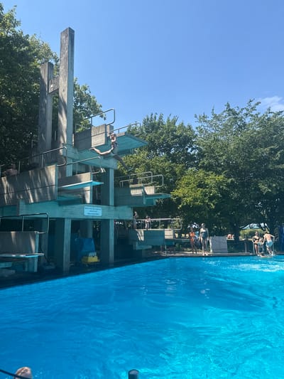 In Rheinbach, Germany, a high diving platform at an outdoor swimming pool is the central focus. The concrete structure features multiple levels and diving boards. A young person in a swimsuit is captured mid-air, having just jumped from one of the upper boards, their body arched in a diving pose. Below, the bright blue water of the pool is visible, with ripples indicating recent activity. Several other individuals are present around the pool, some standing on the edge and others in the water. Trees form a lush green backdrop against a clear blue sky.