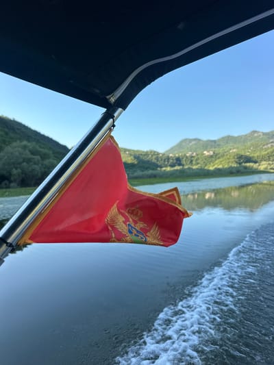 In the foreground of the image, a red flag with a gold border, featuring a coat of arms with a golden double-headed eagle and a crown, is attached to a silver pole. The flag is partially unfurled and ripples slightly. Behind the flag, a body of water stretches into the distance, with a visible wake trailing from the perspective of a moving boat. The water reflects the clear blue sky and the lush green hills on either side of it. The hills are covered in dense vegetation and appear to be dotted with small structures, suggesting a semi-rural or mountainous landscape. The sky is a bright, cloudless blue, indicating a sunny day. The overall scene suggests a view from a boat traveling on a calm body of water, likely a lake or river, in a scenic, natural environment. The presence of the flag suggests the location is Montenegro. Given the context provided about Riječani, Montenegro, it is plausible this scene depicts the Skadar Lake, which borders Riječani.