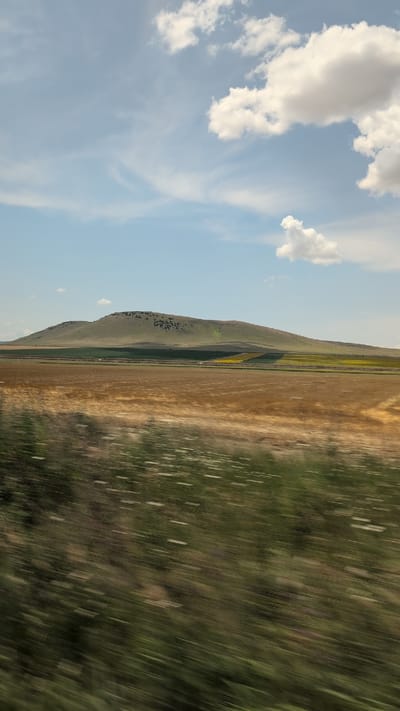 This media file is a photograph of a rural landscape, taken from a moving vehicle. The image is oriented vertically, with the sky occupying the left side and the land the right. The sky is a pale blue, with several fluffy white clouds scattered across it. A thin wispy cloud formation stretches across the upper portion of the sky.
The land is divided into distinct sections. A gentle, green, and brown hillside dominates the middle ground. The hillside has patches of darker green, suggesting trees or shrubs, particularly on its lower slopes. Beyond the hillside, a field of dry, golden-brown crops stretches into the distance. To the far right, the landscape is blurred due to motion, showing streaks of green and brown, indicative of vegetation passing by rapidly. There are also vertical white streaks in this blurred section, possibly reflections or light flares from the moving vehicle.
The scene appears to be set during the daytime, likely late afternoon or early evening, given the quality of the light and shadows. The weather seems to be clear and fair. The location is identified as Mihail Kogălniceanu, Romania. There is no discernible text in the image. The overall impression is one of a vast, open, and somewhat arid landscape viewed from a journey.