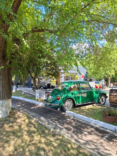 In Milestii Mici, Moldova, on a sunny day, a vibrant green Volkswagen Beetle is parked on a gravel and grass area next to a paved path with a metal grate. The Beetle, with its classic rounded shape, faces left, showing its rear and side profile. Behind it, a dark-colored vintage car, possibly from the 1930s, is parked. Further in the background, a building with large windows is visible, and to the right, a wooden barrel and a wicker basket filled with plants are situated. A person on a motorcycle is also visible in the distance. The scene is framed by the lush green foliage of large trees, casting dappled shadows on the ground.