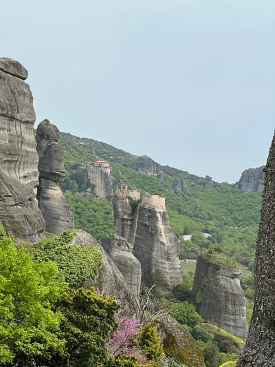This image captures a majestic, vertical view of the Meteora landscape in Kastraki, Greece, characterized by towering grey rock formations and abundant green vegetation under an overcast sky.
The scene is dominated by massive, stratified rock pillars and cliffs, several of which host small, red-roofed monasteries or buildings built directly into their faces. These structures appear strategically placed, showcasing a unique architectural marvel integrated with nature. One monastery is clearly visible on a prominent rock shelf, with other smaller buildings further up the main cliff face.
Lush green trees, bushes, and shrubs cling to the sides and tops of the rock formations, creating a vibrant contrast with the grey stone. In the foreground, rich green foliage is prominent, with hints of bright pink flowers from a bush on the right side, adding a touch of color to the verdant landscape. Bare, twisted tree branches also emerge from the rocky terrain.
The sky is a uniform, light grey, indicating an overcast or hazy day, which provides soft, diffuse lighting across the scene. The image evokes a sense of grandeur, timelessness, and the remarkable coexistence of human structures with dramatic natural beauty. No people or visible text are present in the media.