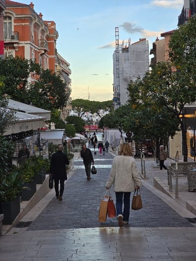 A street scene showcases pedestrians strolling along a paved walkway, lined with trees. Buildings stand on either side, with one structure appearing to be under construction, indicated by a tall crane. One woman carries shopping bags. The perspective offers a glimpse down the street, revealing more people and a distant waterfront. The sky is a light blue hue.