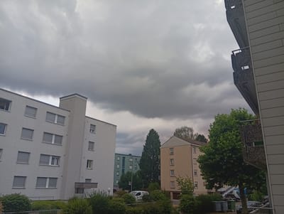 The image shows a street view in Langenthal, Switzerland, under a cloudy sky. In the foreground, a modern, grey apartment building with white horizontal siding and numerous windows with grey blinds dominates the left side of the frame. To its right, another apartment building with light brown siding and white windows is visible, with a large green tree in front of it. Further in the background, a tall, dark green tree stands between the buildings, and a light blue apartment building is partially visible. The right side of the image features the exterior of a building with balconies made of concrete aggregate. Trash bins and a white van are present near the buildings.
