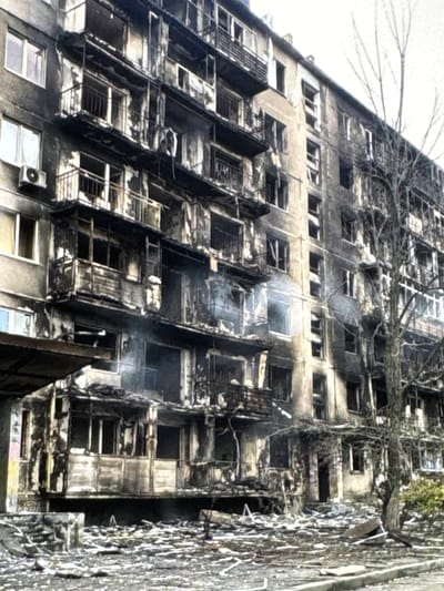 The image depicts the aftermath of a fire at a multi-story apartment building in Neubrandenburg, Germany. The building, characterized by its concrete facade and numerous balconies, shows extensive damage. Many windows are broken or missing, and the balconies are charred and structurally compromised, with some appearing to be collapsing. Debris, including what appears to be scorched building materials and personal belongings, litters the ground in front of the building and the surrounding area. Smoke is visible rising from some of the upper floors, indicating the fire may have recently occurred or smoldered. A bare tree stands in front of the building, its branches stark against the damaged structure and overcast sky. The scene conveys a sense of destruction and abandonment.