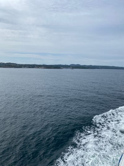 This is a photograph taken from a boat at sea, looking towards a coastline. The perspective is tilted, giving a sense of movement and depth. The foreground on the right is dominated by the churning white wake of the boat, indicative of a vessel in motion. The wake transitions into the dark, choppy waters of the sea.
In the mid-ground, a distant coastline is visible. It is characterized by rolling, tree-covered hills that slope down to the water. Scattered along the coastline are hints of human settlement, with buildings and structures clustered in some areas. The overall impression of the coastline is one of natural beauty with human presence.
The background is a hazy sky with soft, white clouds. The lighting suggests it could be daytime, possibly late morning or afternoon, with overcast or partly cloudy conditions. The sky is a pale blue, blending with the lighter tones of the clouds.
The scene evokes a feeling of travel and exploration. The motion of the water and the distant view of land create a sense of journeying. The location cues, such as the hilly, forested coastline, are consistent with a Norwegian setting like Stavern, known for its scenic coastal landscapes. There is no visible text in the image.