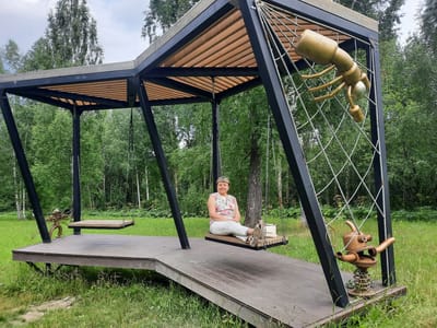 A woman sits on a wooden swing under a modern open-air structure in a park located in the city of Zelenogorsky, Russia. The structure has a dark metal frame and a wooden slatted roof. The woman is wearing a floral print top and white pants, with her legs crossed and feet resting on the swing seat. She is looking towards the camera with a slight smile. To the right of the swing, a decorative metal sculpture resembling an ant is attached to a web-like netting. To the left, another swing is unoccupied, and further to the left, a metal sculpture resembling a steampunk-inspired creature is mounted on a spring. The ground is covered in green grass and wildflowers, with a dense forest of trees in the background. The sky is overcast.