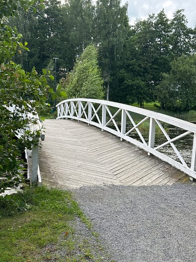 A white wooden arched bridge with a patterned railing spans across a body of water. The bridge deck is made of light-colored wooden planks laid in a herringbone pattern. Lush green trees form a backdrop to the scene, with their foliage densely packed. The water appears calm, with some aquatic vegetation visible near the banks. To the right of the bridge, a path made of grey gravel leads away from the scene. On the left, a leafy green bush partially obscures the view of the bridge's approach. The sky is overcast. The overall impression is of a serene natural setting, likely a park or recreational area.