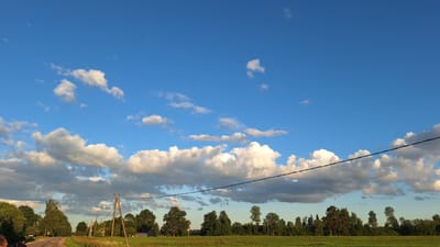 A wide-angle outdoor landscape photograph shows a vast blue sky with scattered white and grey clouds. The lower half of the image depicts a treeline with various types of trees, including some deciduous and coniferous varieties, and a green field. A dark power line stretches diagonally across the frame from the right side towards the center, and a wooden utility pole is visible in the middle ground to the left of the power line. A dirt road runs along the left edge of the frame, with some foliage and possibly a person visible at the bottom left corner. The scene appears to be located in Aviekste, Latvia, during daylight hours.
