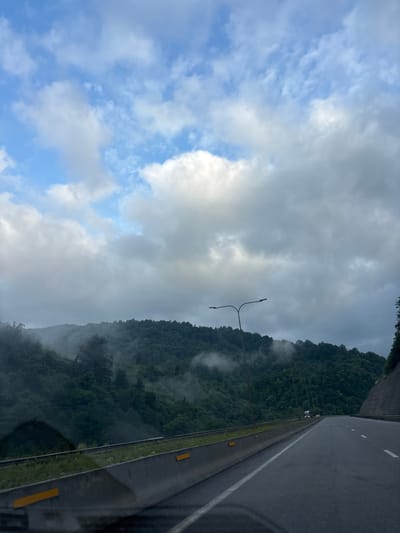 The image depicts a highway in the city of Tsakva, Georgia, with a lush, forested mountainside on the left and the road stretching into the distance on the right. The sky is a mixture of blue and white clouds, with some parts appearing overcast. A lone street lamp with two lights is visible against the mountainous backdrop, and a few vehicles are present on the highway. The mountains are covered in dense green foliage, and patches of fog are visible, adding a mystical quality to the scene. The highway itself is asphalt, with white lane markings and concrete barriers separating the lanes and the roadside. The overall atmosphere is serene and natural, suggesting a peaceful drive through a beautiful landscape.