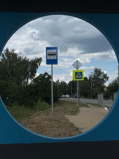 The image, framed by a circular blue structure, displays a street scene in Shulhynka, Ukraine. A bus stop sign, featuring a white bus silhouette on a blue background, is positioned on the left side of the frame. To its right, a pedestrian crossing sign is visible, a yellow square with a blue square inside depicting a person walking on a crosswalk, mounted above a diamond-shaped warning sign. The street itself is paved, with a sidewalk adjacent to it. Several cars are present on the road. The surrounding environment includes lush green trees and vegetation, with a cloudy sky overhead. The overall impression is that of a typical roadside view within a town.