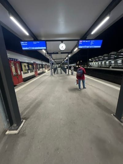 The image captures a night scene at a train station platform in Vevey, Switzerland. A grey concrete platform extends from the foreground, lit by numerous fluorescent tube lights attached to a light grey overhead canopy supported by dark rectangular pillars.

On the left, a white and red SBB passenger train (identified by "SBB" logo and typical livery), marked with the number "22" and a wheelchair accessibility symbol, is stopped at the platform with its red doors open. Its interior is illuminated, showing indistinct figures. Above this train, a blue digital display board indicates "19:34" and lists destinations including "Palézieux," "Chardonne Village," and "Puidoux."

In the center of the image, mounted overhead, is a round analog clock with a white face and black hands, showing approximately 7:30 PM. To its right, another blue digital display board shows "19:29 +3'" and lists destinations such as "Brig," "Aigle," and "Montreux."

A solitary individual is positioned in the mid-foreground, seen from behind. This person wears a red jacket, blue jeans, and dark shoes, carrying a colorful backpack and a light-colored bag in their right hand. They are walking towards the right side of the platform.

Further along the platform, a set of stairs or an escalator descends. On the opposite platform, another individual is visible, wearing a light-colored coat and a face mask, standing near the platform edge. In the background, multiple sets of train tracks and additional passenger trains are present, with more indistinct figures on a distant platform. The entire scene is brightly illuminated by artificial lighting, against a dark night sky.