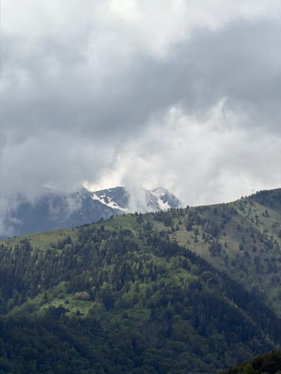 The image depicts a mountainous landscape in Рилски манастир, Bulgaria, partially obscured by heavy clouds. A snow-capped peak emerges from the clouds. The right side of the image features a mountain slope covered in dense green forest. The viewpoint is elevated, offering a wide perspective of the terrain.