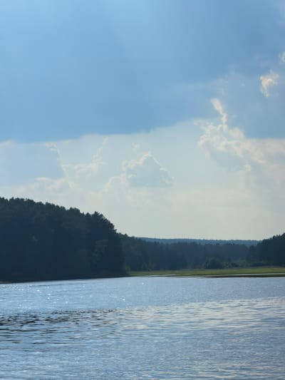 This media file depicts a serene lake scene in Sysert, Russia. The primary subjects are the vast expanse of water, a densely forested shoreline, and a sky filled with dramatic clouds. The image captures a tranquil natural setting, with no people or man-made objects immediately visible.
The activity taking place is simply the stillness of nature. The water's surface is gently rippled, reflecting the sky and sunlight, creating a shimmering effect. The shoreline is a dark, silhouetted line of evergreen trees, suggesting a temperate climate. In the distance, the treeline continues, with a strip of lighter green grass or meadow visible between the water and the distant forest.
Notable details include the time of day, which appears to be late afternoon or early evening. The sunlight catches the water, creating bright highlights, and the shadows are lengthening. The weather is dynamic; while the sky is blue, it is interspersed with large, fluffy white clouds that suggest some atmospheric activity, perhaps indicating a partly cloudy day. The location is identified as Sysert, Russia, which adds a geographical context to the landscape. The overall emotion evoked by the image is one of peace, solitude, and the quiet beauty of the natural world. There is no visible text in the media file.