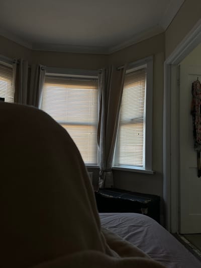 This image depicts the interior of a room located in Dorchester, United Kingdom. The scene is primarily composed of a bay window area and part of a bed in the foreground.
In the immediate foreground, a significant portion of the lower left and central frame is occupied by an indistinct, rounded mass, likely a blanket or duvet covering a person or object, appearing in shadow. The visible part of the bed beneath this mass shows a light-colored, possibly pink or lavender, sheet.
The central and right-hand sections of the image reveal a bay window arrangement featuring three visible window panes, each fitted with horizontal slat blinds that are partially open, allowing sunlight to filter into the room. Light-colored curtains, possibly beige or cream, hang on a rod above the windows; the curtain on the far right is tied back with a sash. A white window sill runs along the base of the windows. Beneath the central window, a small, white radiator is partially visible. Under the rightmost window, a dark-colored, possibly black, storage chest or trunk with a textured or patterned lid is situated.
The walls are painted a light, neutral color, and white crown molding is visible at the ceiling line. On the far right, a white doorway leads to an adjacent room. A dark garment with a floral pattern is hanging on the wall or door frame just inside the doorway. A dark floor mat or rug is visible at the threshold. The room is dimly lit overall, with the primary light source originating from the windows. No individuals are explicitly visible.
