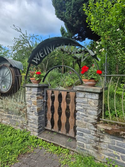The image depicts the entrance to a "WEINGARTEN" (wine garden) in Traben-Trarbach, Germany. The scene features a gate constructed of two masonry pillars made from grey, irregular stone blocks, likely slate or shale. These pillars support both a wooden gate section in the center and wrought iron fencing extending outwards.

Above the gate, an arched, dark metal sign with light-colored, cutout letters spells "WEINGARTEN," though the right side of the word is partially obscured by foliage. On top of each stone pillar rests a terracotta pot containing vibrant red geraniums. The wooden gate section consists of four vertical, wavy planks. The wrought iron elements feature decorative scrollwork, particularly on the right side.

To the left of the gate structure, a large wooden wine barrel is horizontally mounted within a metal frame. The visible end of the barrel features a metal wheel design and a small green circular label. In front of the wall supporting this barrel, low-growing silver-green foliage is visible.

To the right and behind the gate, a dense garden with various green plants and trees is present, including some small white roses. Tall, dark green cypress-like trees rise in the background, contrasting with the partially cloudy sky showing patches of blue.

The foreground consists of a grey paved pathway leading to the gate, with green grass and weeds growing between the pavers and along the base of the stone wall. No individuals are present in the image.