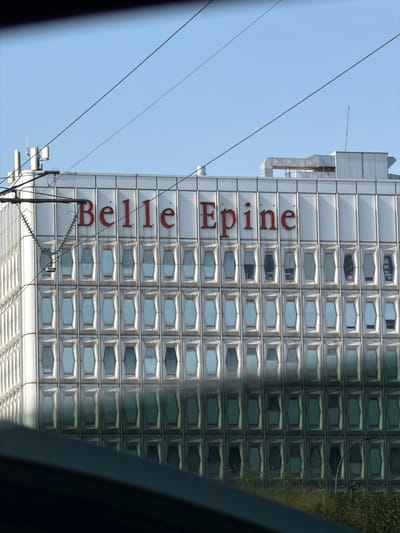 The image shows a building with the red text "Belle Epine" on its facade. The building has a repetitive pattern of rectangular windows with an octagonal shape in the center. The facade is made of light-colored panels. Above the windows, there are several rows of smaller rectangular panels. Electrical wires are visible in the foreground, obscuring parts of the building and the sky. The sky is clear and blue. In the background, there are some metallic structures on the roof of the building, including ventilation systems and antennas. There are also some green bushes and grass at the bottom of the image. The building appears to be a commercial or office building. This building is located in Rungis, France.