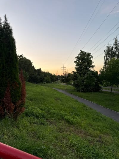The image shows a park in Oktyabr'skoe, Russia, during sunset. The sky is a gradient of pale blue to orange, indicating the sun is low on the horizon. Power lines stretch across the sky, supported by a tall lattice tower in the distance. The park features a paved pathway winding through lush green grass and trees. Some trees are full and leafy, while others appear to be evergreen shrubs. In the foreground, a red metal railing is partially visible on the right side of the frame. The overall mood is peaceful and serene, characteristic of a quiet evening in a park. There is no visible text in the image.