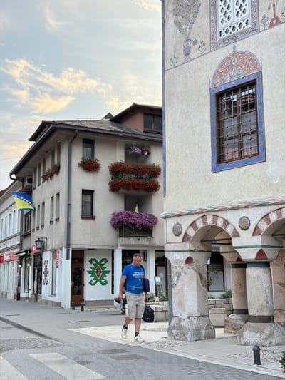 A man wearing a blue t-shirt and beige shorts stands on a paved street in front of a building in Travnik, Bosnia and Herzegovina. The man is looking towards the camera with a neutral expression. He has short hair and glasses. He is holding a piece of paper in his left hand. The building behind him has a white facade with decorative elements, including what appears to be an arched entryway with stone columns. There are windows on the building, some with decorative grilles. Flower boxes filled with red and purple flowers are visible on the balconies. A flag, likely the flag of Bosnia and Herzegovina, is displayed on one of the buildings. The street is paved with stone and has a sidewalk. In the background, there are more buildings and a cloudy sky. The image appears to have been taken during the day, possibly in the late afternoon or early evening, as the sky is a soft yellow and white. The overall scene suggests a historic urban setting. Visible text includes "MISK" above a doorway, and what appears to be signage for "KARATE KLUB" on the man's t-shirt.