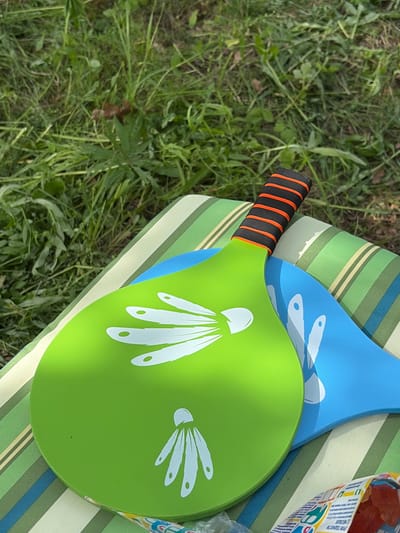 Two paddles, one green and one blue, rest on a striped cushion outdoors. The green paddle, positioned on top, displays white graphic designs resembling feathers and a shuttlecock. The blue paddle is partially visible underneath. The paddles have black and orange striped handles. The scene is set against a backdrop of green grass and foliage. A snack bag is also visible in the lower right corner of the image.