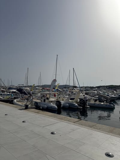 The image depicts a harbor in Palau, Italy, filled with numerous boats docked side-by-side. The boats range in size and type, including sailboats with tall masts, smaller motorboats, and rigid inflatable boats (RIBS) with outboard motors. Several people are visible on and around the boats, some appearing to be preparing for or disembarking from their vessels. One person is standing on the deck of a RIB, attending to an outboard motor. Another individual is visible on a sailboat, and others are seen walking along the docks. The water in the harbor is calm, reflecting the boats and the overcast sky. The foreground features a paved walkway with embedded lights, suggesting a well-maintained marina. In the background, a hilly landscape with sparse vegetation can be seen, characteristic of the coastal region of Sardinia. The overall scene conveys a sense of a busy but orderly marina on a moderately bright day.