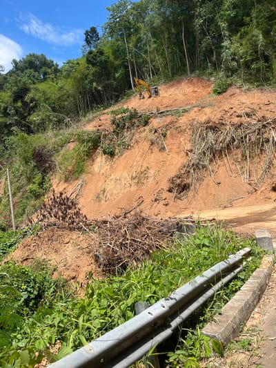 The image shows a landslide on a steep, forested slope near Son Dien, Vietnam. A yellow excavator is visible at the top of the landslide, appearing to be engaged in clearing debris. The slope is covered in red soil, with many fallen branches and uprooted vegetation scattered across it. The surrounding environment is lush with green trees and foliage, typical of a tropical region. A road runs along the bottom of the slope, bordered by a concrete curb and a metal guardrail. The sky above is blue with scattered white clouds. There are no people visible in the image.