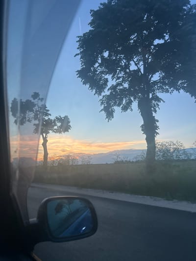 The image is a photograph taken from inside a vehicle, looking out through the windshield and side window. It depicts a rural landscape at dusk. Two trees are silhouetted against a sky with pastel-colored clouds, suggesting a sunset. In the foreground, a side-view mirror reflects the scene, including a silhouette of a tree and the sky. The road is visible in the lower portion of the image, indicating the vehicle is in motion. The environment appears to be a countryside road lined with trees and fields. There are no people visible in the scene, and no specific landmarks are identifiable that would pinpoint a location within Senokos, Bulgaria.