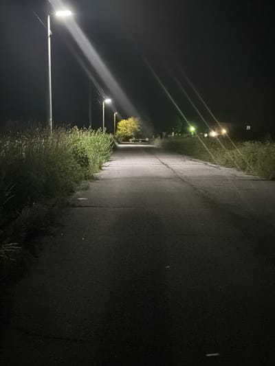 An asphalt path stretches into the distance at night, bordered on the left by tall grass and weeds, and on the right by shorter grass. A series of streetlights illuminate the scene with bright, narrow beams of light that cut through the darkness, creating a dramatic effect with lens flares. In the background, a tree with yellow foliage is visible, illuminated by one of the streetlights. Further in the distance, lights from buildings can be seen. The environment appears to be a pathway outside of the main city area of Smyadovo, Bulgaria, possibly a rural road or park, characterized by its sparsely populated setting and illuminated pathway. There are no people or discernible actions depicted in the image.