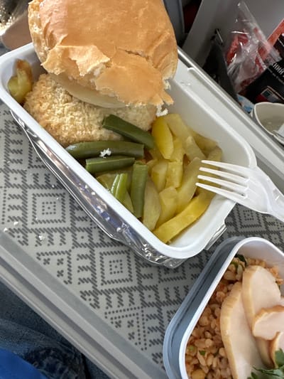 An overhead, close-up, static, eye-level shot captures an airline meal served on a tray. The meal consists of a bread roll atop a breaded chicken patty, accompanied by green beans and sliced potatoes. A white plastic fork rests on the potatoes. To the right, a second container holds rice with sliced chicken breast and a sprig of parsley. The tray is placed on a gray patterned surface, possibly a table or seat. The scene is indoors, suggesting a flight.