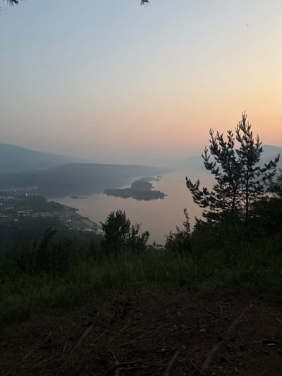 The image depicts a serene landscape view overlooking a body of water from an elevated position. The sky exhibits a gradient of soft colors, transitioning from a pale blue at the top to a warm peachy hue near the horizon, suggesting either dawn or dusk. In the foreground, there is a silhouette of a pine tree, its branches sharp against the sky. Below the tree, dense vegetation and uneven, earthy terrain are visible.
The middle ground is dominated by a wide river or lake, with islands dotted within it. The water's surface appears calm, reflecting the muted colors of the sky. Along the banks of the water, a settlement or town is visible, characterized by a cluster of buildings and lights, indicating human habitation. Hills and mountains form the background, shrouded in a soft haze, creating a sense of depth and distance. The overall atmosphere is tranquil and natural, with a touch of human presence in the distance. The specific location in the city of Ust-Mana, Russia, is implied by the context but not directly visible through any identifying markers in the image itself. There are no people or animals depicted in the scene.