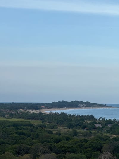 The image depicts a scenic coastal landscape in Shastrawela, Sri Lanka. The scene is dominated by a vast expanse of pale blue sky on the left, transitioning to a distant horizon where the sea meets the land on the right. Along the coastline, a narrow strip of sandy beach is visible, backed by dense, dark green vegetation. Several buildings, some with thatched roofs, are nestled within the trees, suggesting a resort or residential area. The sea is a muted blue, with gentle waves lapping at the shore. The overall impression is one of tranquility and natural beauty. The image appears to have been taken during the day, likely in the late afternoon or early morning given the soft lighting and the absence of harsh shadows. There is no visible text in the image.