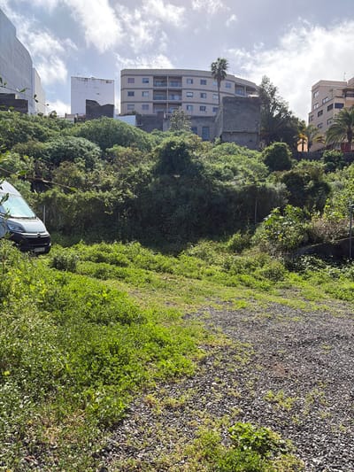 An outdoor scene in Icod de los Vinos, Spain, depicts an unpaved area transitioning to a steep, overgrown hillside with urban structures in the background under a partly cloudy sky. In the immediate foreground, a rough gravel surface occupies the right half, merging with an area of green weeds and grasses on the left. A dark grey or silver van, identifiable as a Citroën Jumper or similar model, is partially visible on the far left foreground, facing away from the viewer. Its front bumper, grill, and lower windshield (covered by a sunshade) are present, with the license plate "P7272 LK" partially legible. The mid-ground features a dense, verdant hillside covered in various shrubs, trees, and heavy overgrowth, with remnants of stone or concrete structures partially obscured within the vegetation. The background reveals an urban landscape: a tall, light-colored building with a flat facade on the far left, a prominent multi-story, curved, beige apartment building with balconies in the center-right, accompanied by a tall palm tree, and another multi-story building visible on the far right. No individuals or specific actions are discernible.