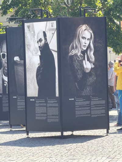 The image depicts an outdoor exhibition in Lund, Sweden, likely near Lund Cathedral due to the architectural style of the background buildings. The exhibition consists of several large black display panels, each featuring a black and white photograph and accompanying text.
The leftmost visible panel displays a portrait of a man wearing glasses, his face partially obscured. Next to it, a panel shows a man with a bald head, looking to the side, with text below. The third panel, prominently featured, shows a close-up of a woman, identified by text as Zara Larsson, giving the middle finger. Her expression is defiant. The fourth panel is mostly obscured but appears to be another portrait.
In the background, people are visible looking at the exhibition. One man in a yellow shirt is holding a camera to his face, as if photographing the art. Others are standing, observing the displays. The ground is paved with cobblestones, and the scene is bathed in sunlight, casting shadows from the display panels. The foliage of trees can be seen above the exhibition.