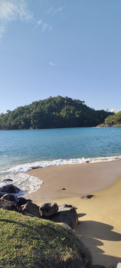 A vertical, medium-shot photograph captures a tranquil beach scene under a clear blue sky with scattered wispy clouds. In the foreground, a patch of short green grass slopes down towards a sandy beach. Several large, dark rocks are scattered on the grassy slope and at the edge of the sand. The beach itself is a warm, golden color, meeting the gentle turquoise water of the ocean. White foam from small waves washes ashore, creating a soft, textured line along the water's edge. Further out, the calm ocean extends towards a densely forested hill that dominates the mid-ground. The hill is covered in lush green trees and rises from the water's edge, its dark silhouette contrasting with the bright sky. The scene appears to be located in the vicinity of Calang, Indonesia, a coastal area known for its natural beauty. No people are present in the image. The lighting suggests it is a sunny day, casting soft shadows from the rocks onto the sand.
