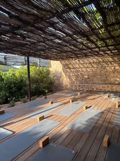 This is an outdoor yoga studio at Es Racó d'Artà in Artà, Spain. The space has a wooden floor and is covered by a roof made of natural reeds and branches, allowing sunlight to filter through. Several gray yoga mats are laid out on the floor, with wooden yoga blocks placed on some of them. To the left, there are lush green trees and bushes, and a stone wall forms the background on the right, with sunlight casting shadows on it. The overall scene suggests a tranquil and natural setting for yoga practice.
