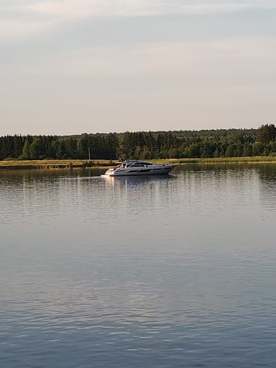 A sleek white yacht with a dark trim is cruising on a calm body of water, likely a lake or a wide river, near the shore. The yacht is angled slightly towards the right of the frame. The shoreline is densely lined with trees, forming a dark green backdrop. The sky above is a pale blue with soft, diffused clouds. The water reflects the sky and the surrounding trees, creating a serene and tranquil atmosphere. The location is Shchetinino, Russia.