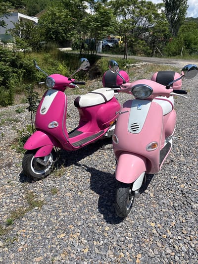 The image displays two vibrant pink scooters parked on a gravel surface under bright daylight, likely in Elenovo, Bulgaria. The scooters are oriented towards the upper right, with their front ends facing left.
The top scooter is a light pink with white accents, a black seat, and chrome details on its handlebars, round headlight, and circular mirrors. A matching pink and black helmet rests on its handlebars. The bottom scooter is a darker, fuchsia pink, also featuring white body panels and a white seat with black stripes. It shares similar chrome features, including a round headlight and mirrors, and has a dark pink helmet on its handlebars. Both vehicles exhibit a retro design aesthetic.
The ground is composed of grey and beige gravel, with sparse patches of green weeds and grass. The background is dominated by lush green foliage, including numerous trees and bushes, suggesting a rural or natural setting. Faintly visible through the greenery in the distance are some structures, including a white building and what appears to be part of a yellow and blue vehicle or piece of machinery.
The clear sky and sharp shadows indicate a sunny day. The scooters are stationary, with no activity or people present. There is no visible text in the image.