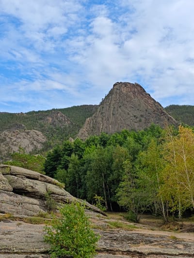 The image shows a scenic view of Burabay National Park in Akmola Region, Kazakhstan, near the city of Торайғыров. In the foreground, there are large, weathered granite rock formations with sparse vegetation. A small green bush grows on the rocks in the lower left. Beyond the rocks, a dense forest of green trees forms a line. In the mid-ground, a prominent, tall, and rugged mountain peak dominates the landscape. This mountain has a sheer, cliff-like face with visible geological strata. The background consists of a range of hills covered in a mix of evergreen trees and rocky outcrops. The sky above is a vibrant blue, dotted with scattered white clouds. The scene captures a natural, mountainous environment with a focus on rock formations, forests, and a striking peak under a cloudy sky. There are no people or animals visible in the image, and no objects or actions that suggest human activity, other than the implied accessibility of the park.